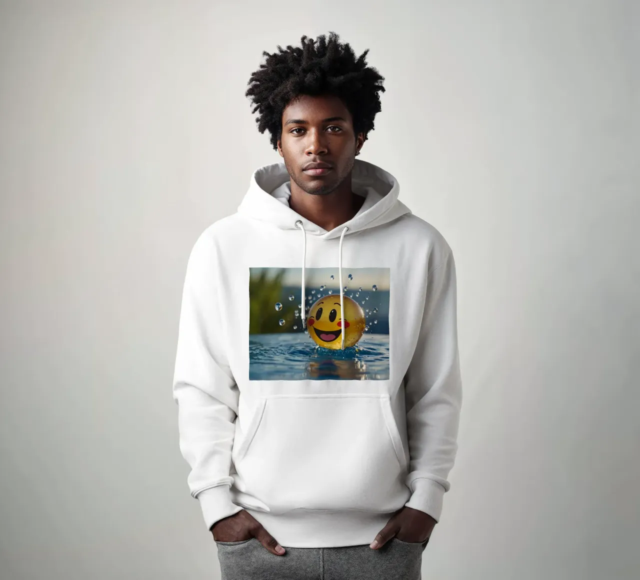 A cheerful smiling ball splashing into a serene pool hoodie by DesignDoodle