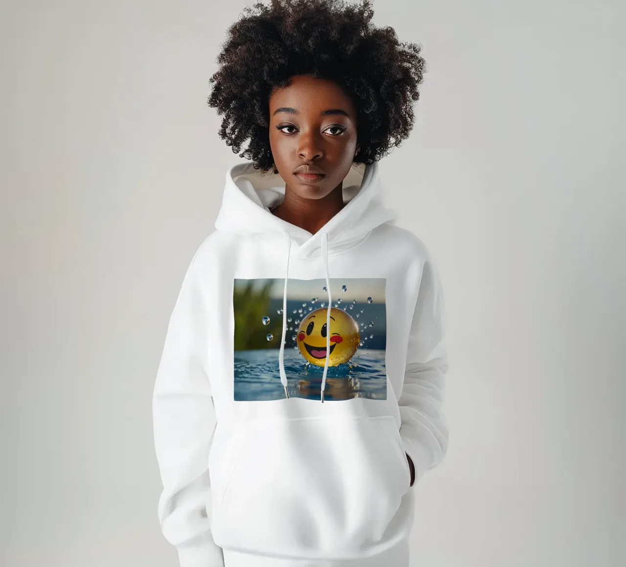 A cheerful smiling ball splashing into a serene pool hoodie by DesignDoodle