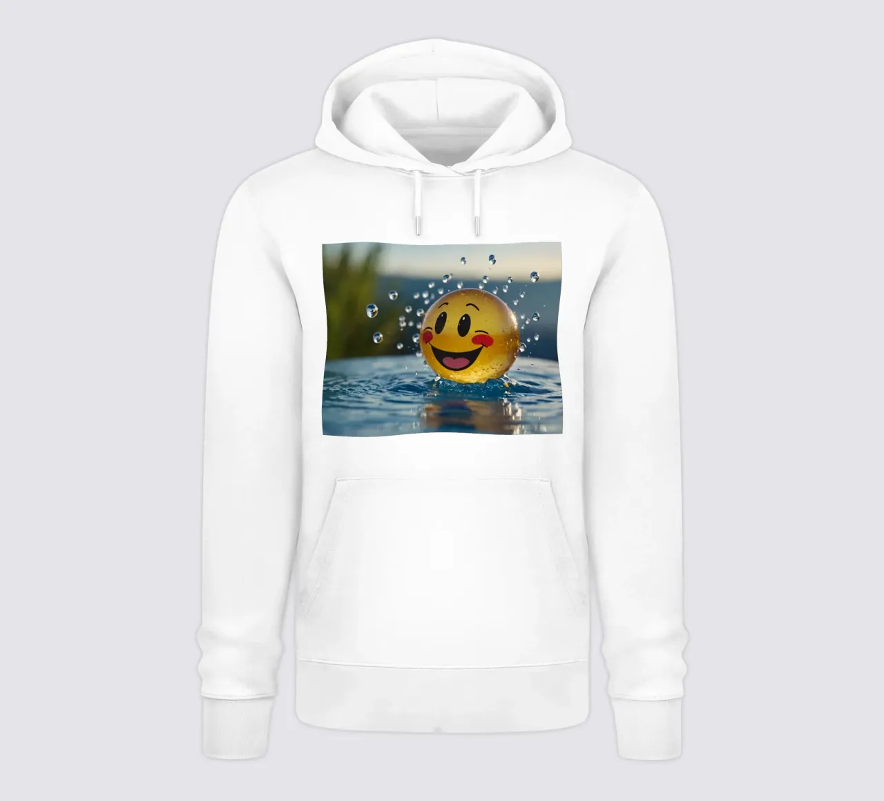 A cheerful smiling ball splashing into a serene pool hoodie by DesignDoodle