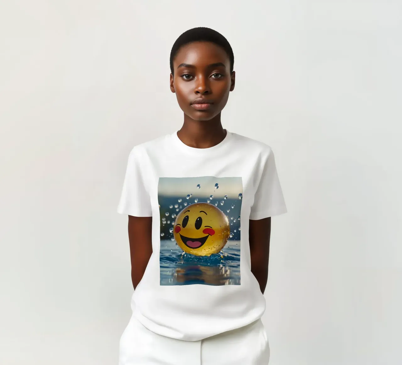 A cheerful smiling ball splashing into a serene pool t-shirt by DesignDoodle