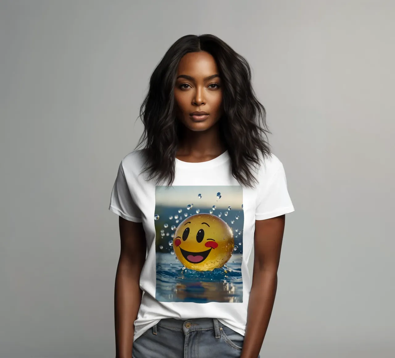 A cheerful smiling ball splashing into a serene pool women's fitted t-shirt by DesignDoodle