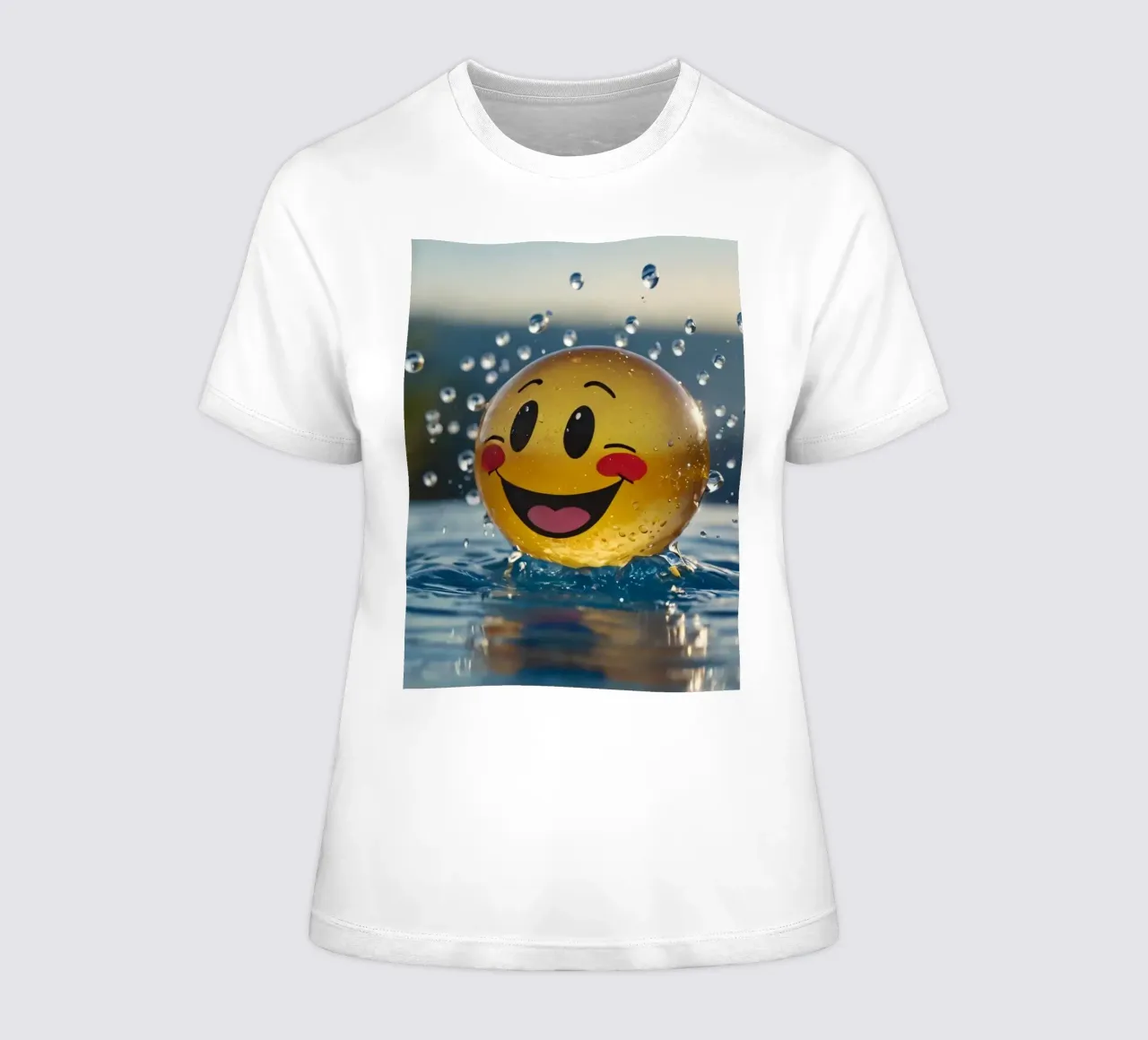 A cheerful smiling ball splashing into a serene pool women's fitted t-shirt by DesignDoodle