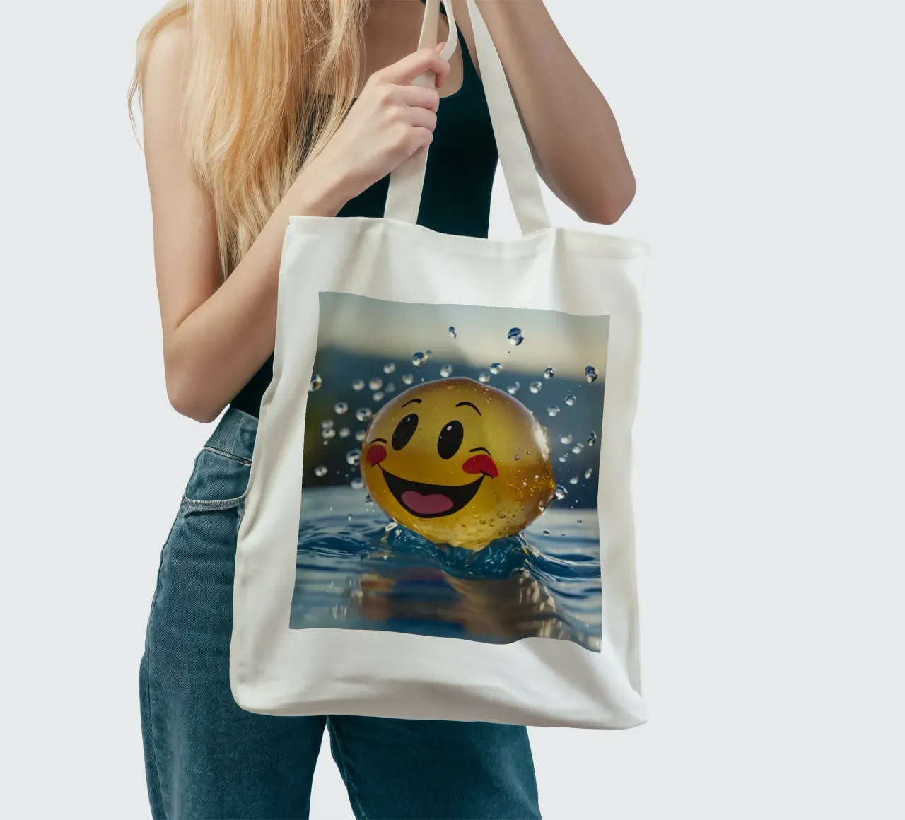 A cheerful smiling ball splashing into a serene pool tote bag by DesignDoodle