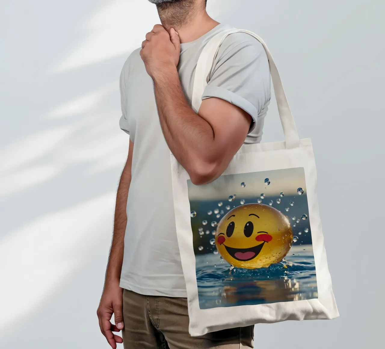 A cheerful smiling ball splashing into a serene pool tote bag by DesignDoodle