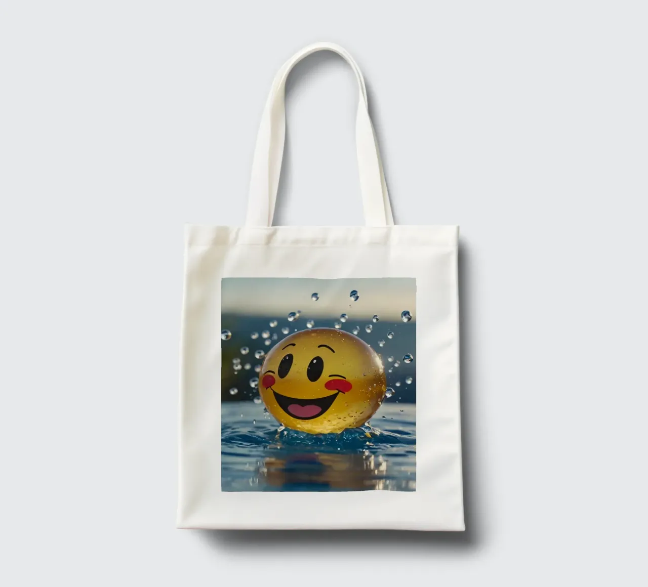 A cheerful smiling ball splashing into a serene pool tote bag by DesignDoodle