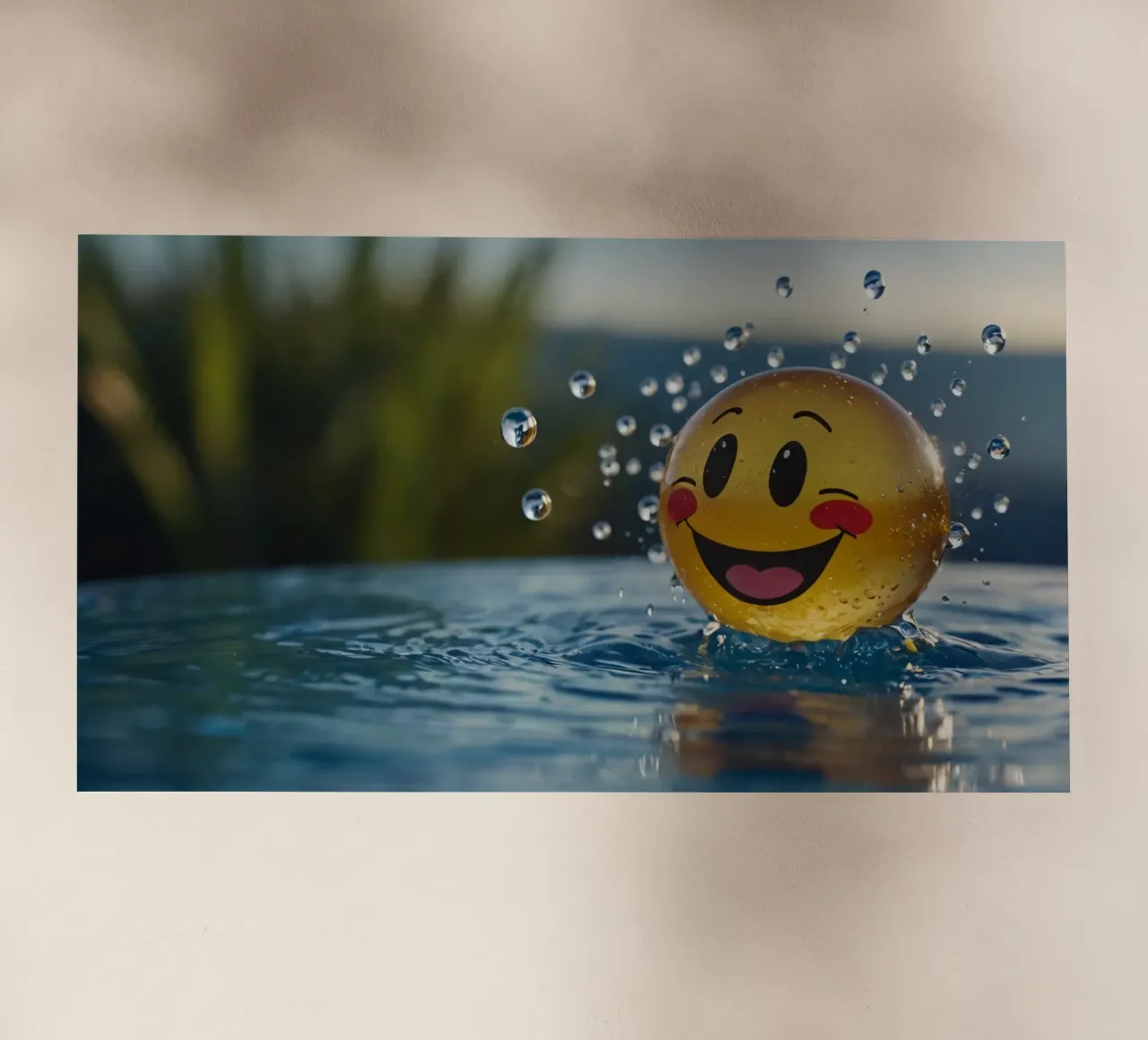 A cheerful smiling ball splashing into a serene pool backlit film by DesignDoodle