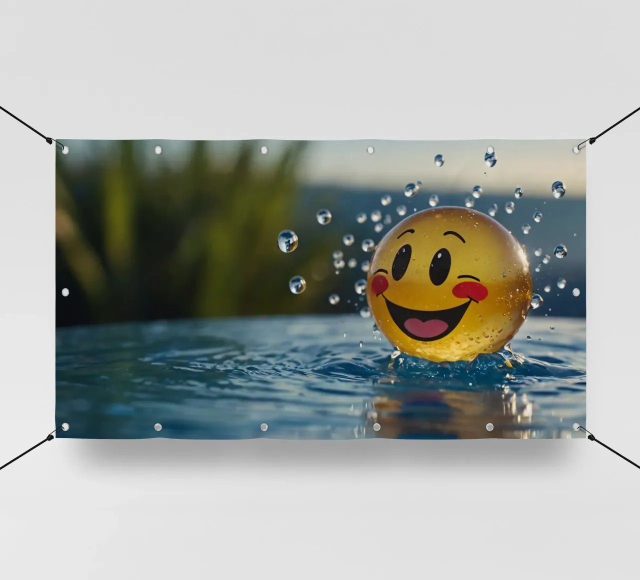 A cheerful smiling ball splashing into a serene pool pvc cover by DesignDoodle