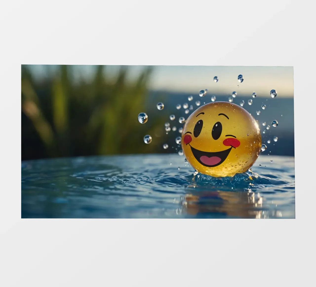 A cheerful smiling ball splashing into a serene pool pvc cover by DesignDoodle