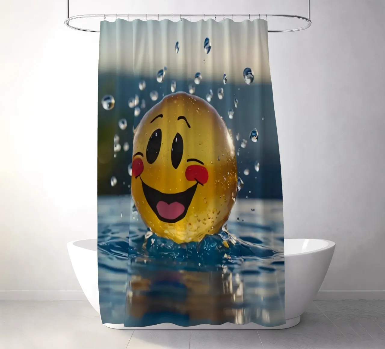 A cheerful smiling ball splashing into a serene pool shower curtain by DesignDoodle