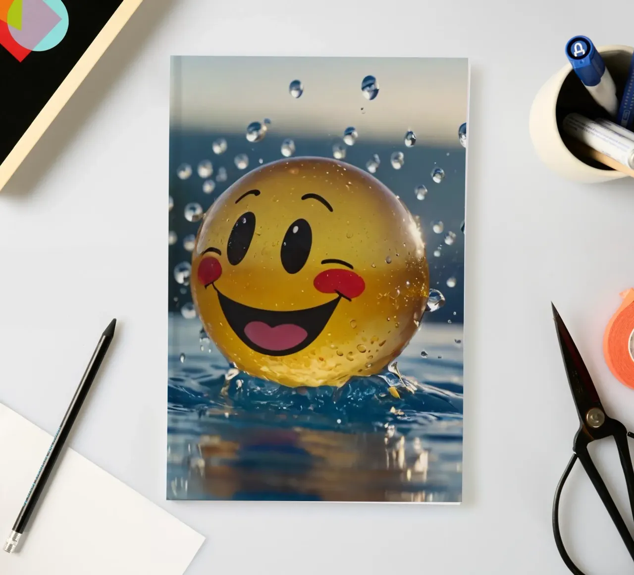 A cheerful smiling ball splashing into a serene pool notebook by DesignDoodle