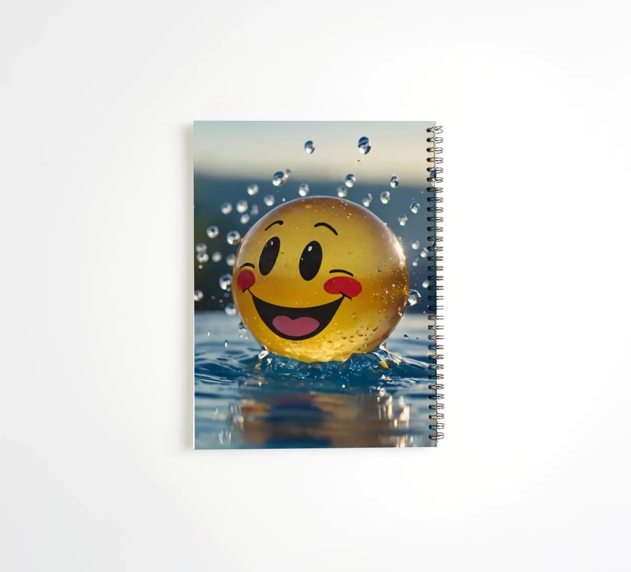 A cheerful smiling ball splashing into a serene pool spiral notebook by DesignDoodle