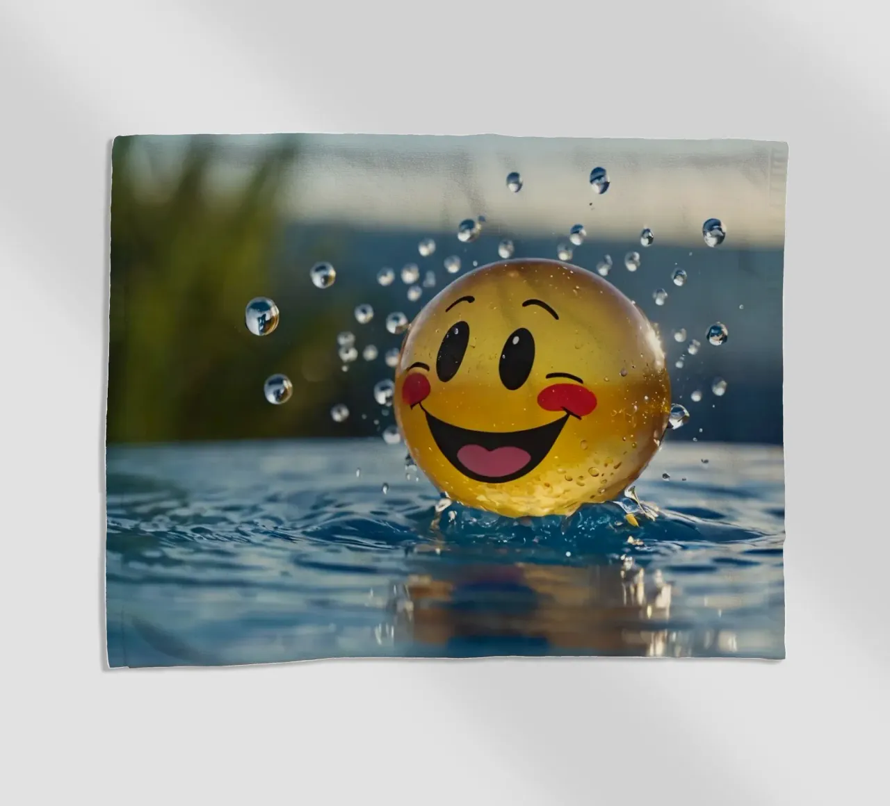 A cheerful smiling ball splashing into a serene pool beach towel by DesignDoodle