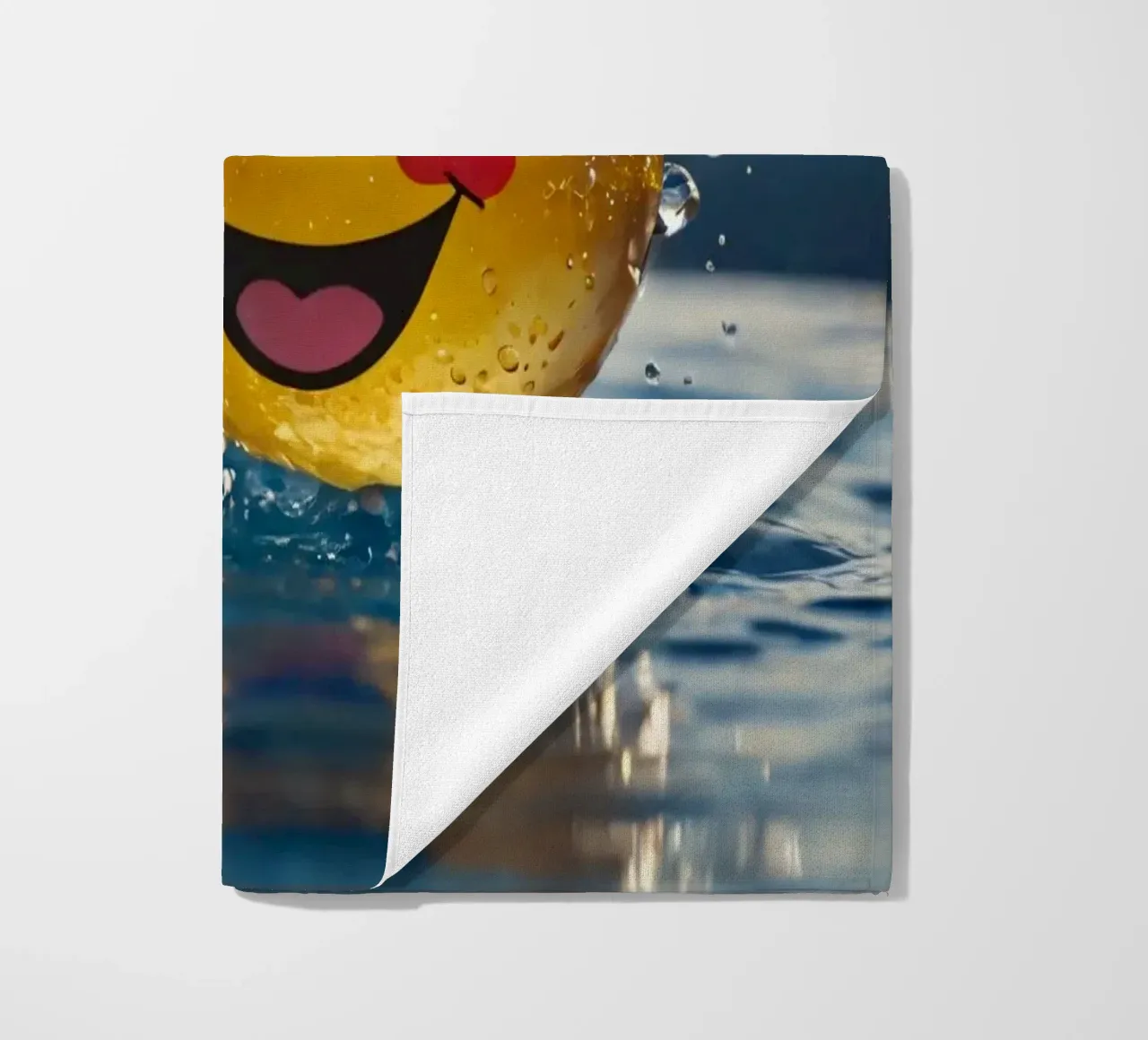 A cheerful smiling ball splashing into a serene pool beach towel by DesignDoodle