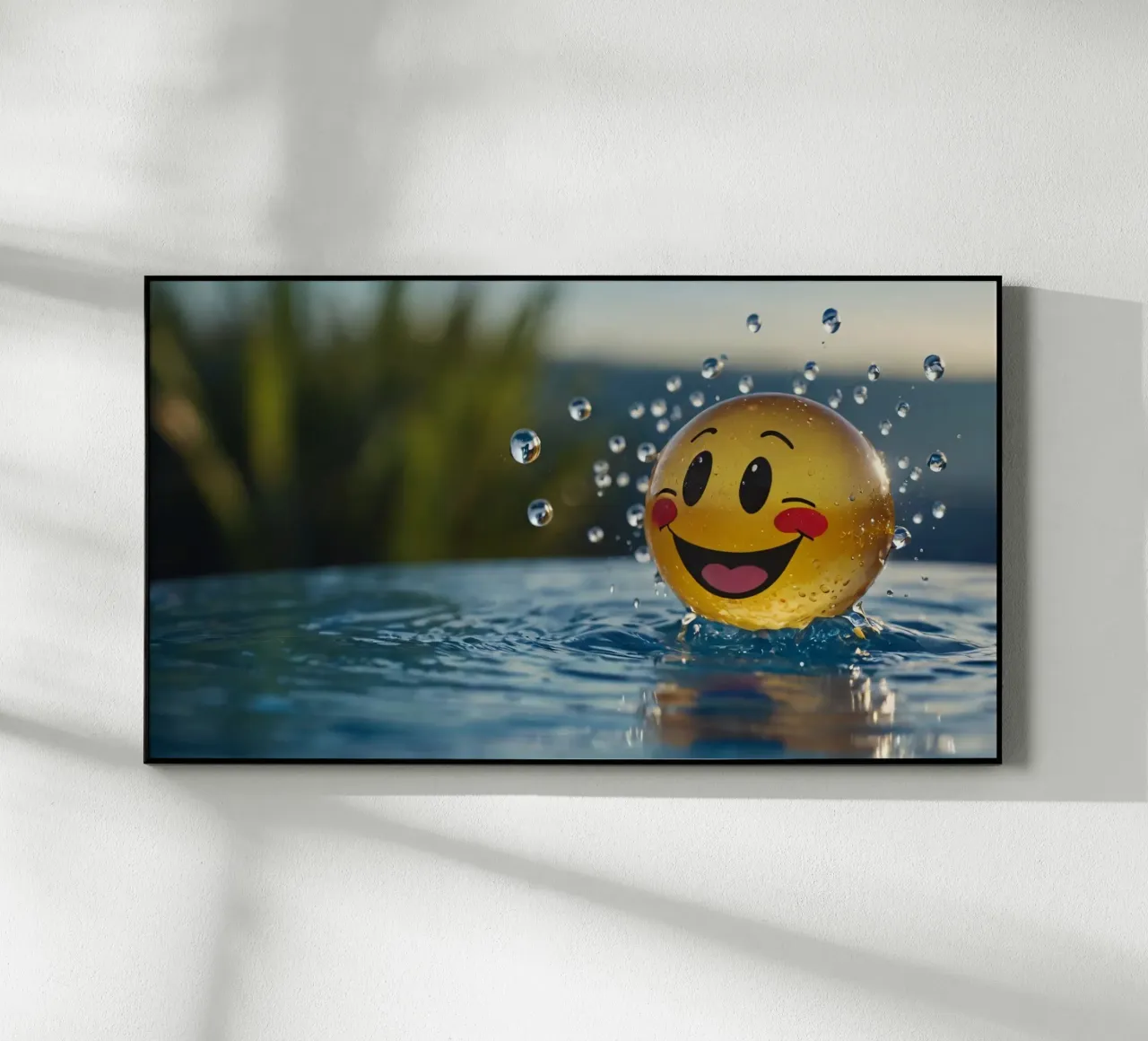 A cheerful smiling ball splashing into a serene pool acrylic glass by DesignDoodle