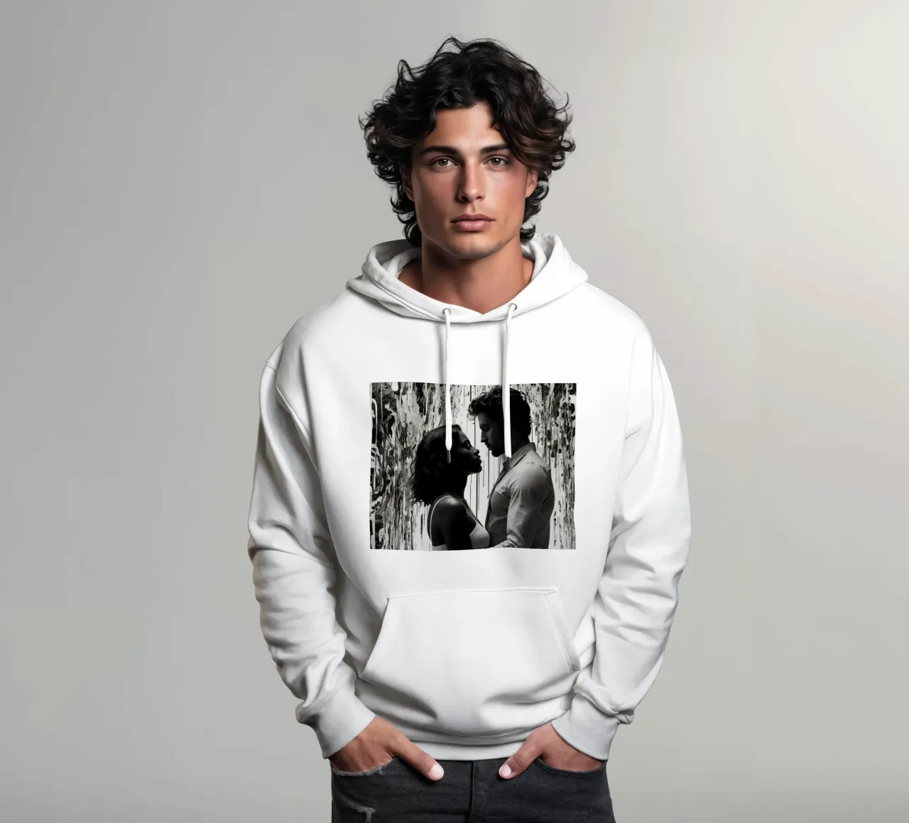 Momento intimo tra una coppia in mezzo a un'opera d'arte astratta felpa con cappuccio da DesignDoodle