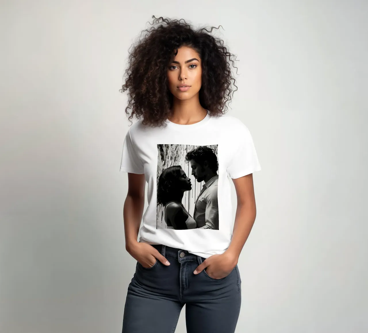 Momento intimo tra una coppia in mezzo a un'opera d'arte astratta t-shirt da DesignDoodle