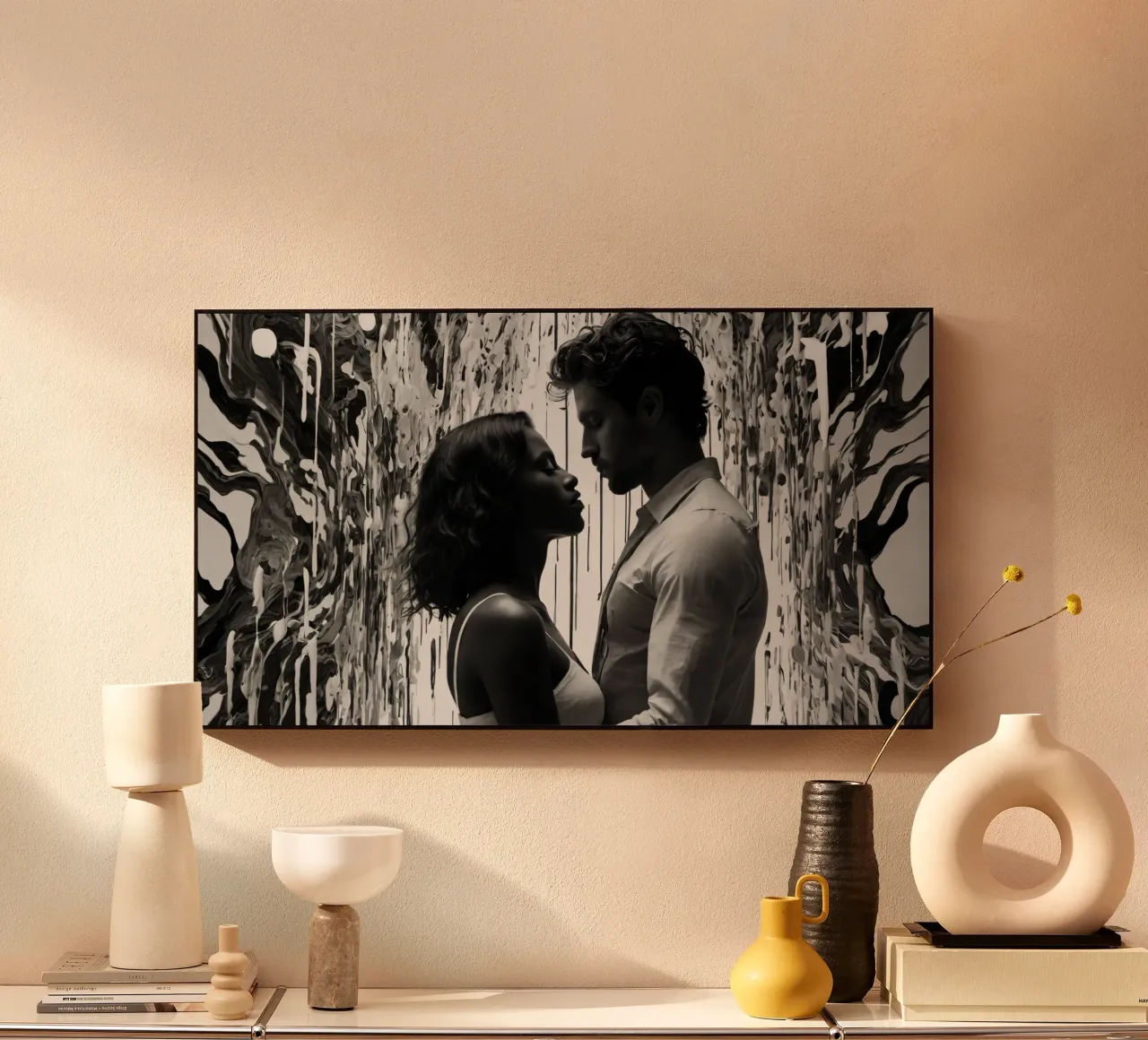 Intimate moment between a couple amidst an abstract artistic acrylic glass by DesignDoodle