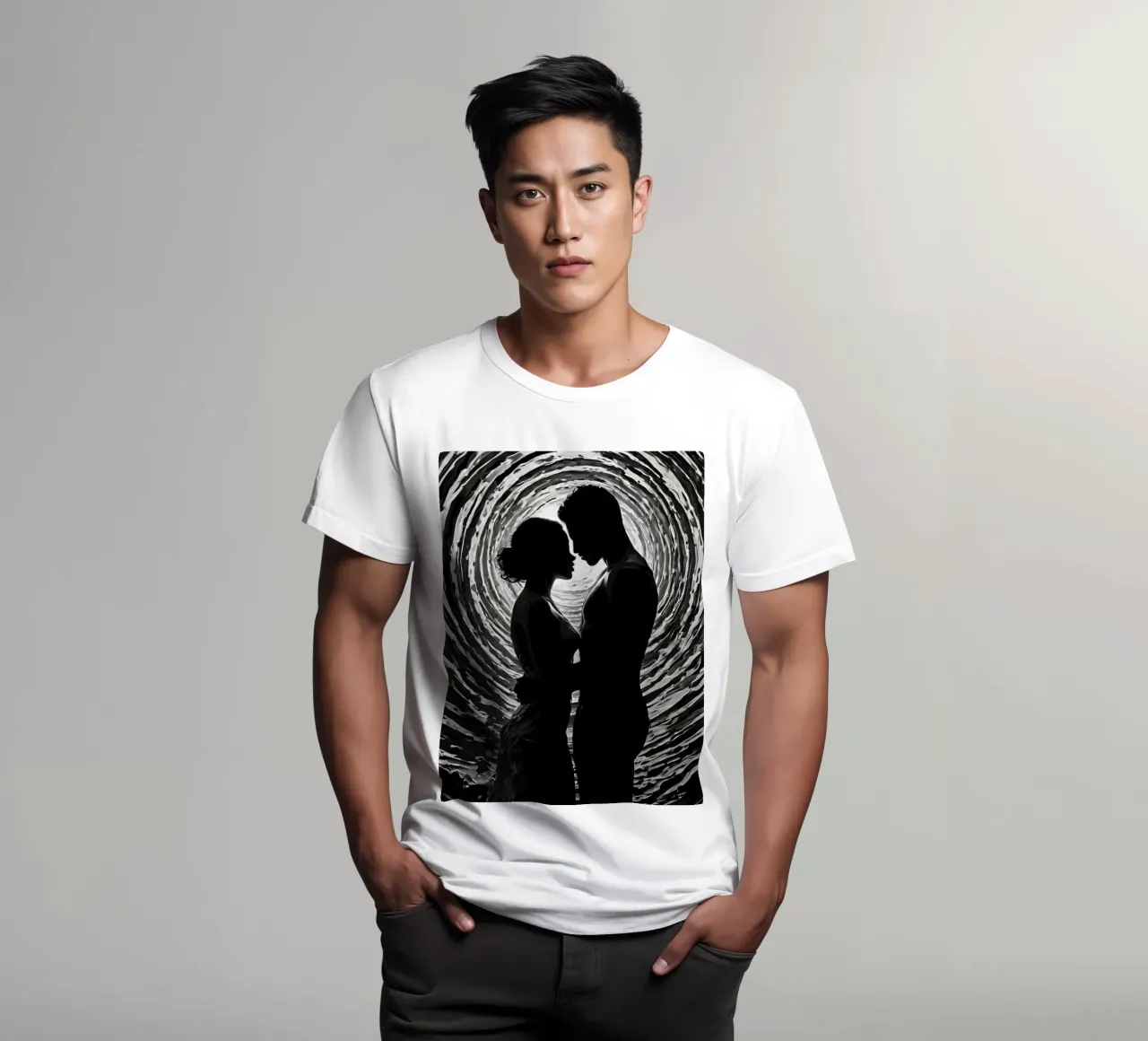 Un momento di intimità immortalato tra una coppia che si staglia in un angolo t-shirt da DesignDoodle