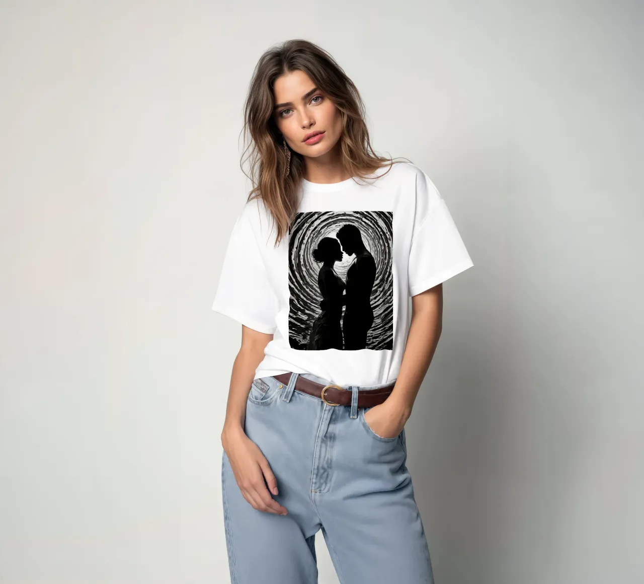 Un momento di intimità immortalato tra una coppia che si staglia in un angolo t-shirt da DesignDoodle