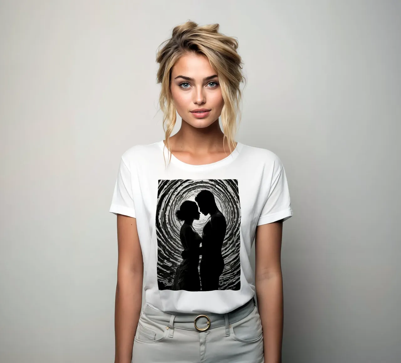 Un momento di intimità immortalato tra una coppia che si staglia in un angolo t-shirt da donna da DesignDoodle