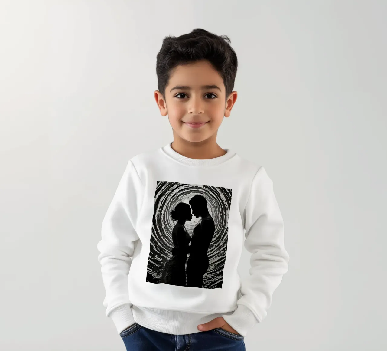 Un momento di intimità immortalato tra una coppia che si staglia in un angolo felpa bambino da DesignDoodle