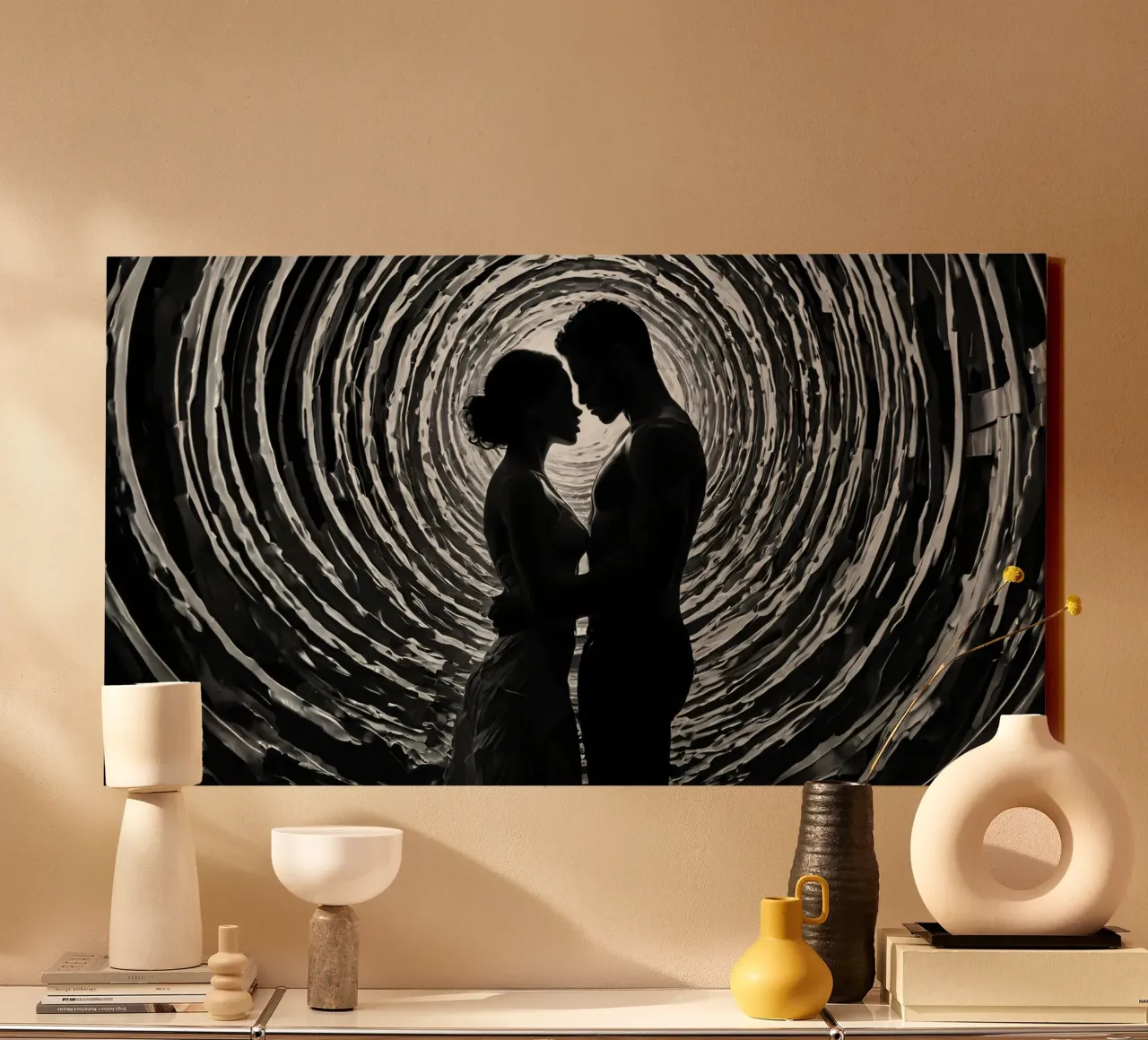 An intimate moment captured between a couple silhouetted canvas with Floater frame by DesignDoodle