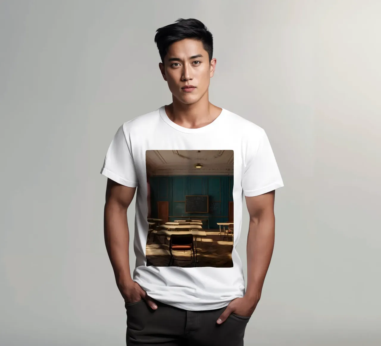 Quiet classroom with empty desks and warm afternoon light t-shirt by DesignDoodle