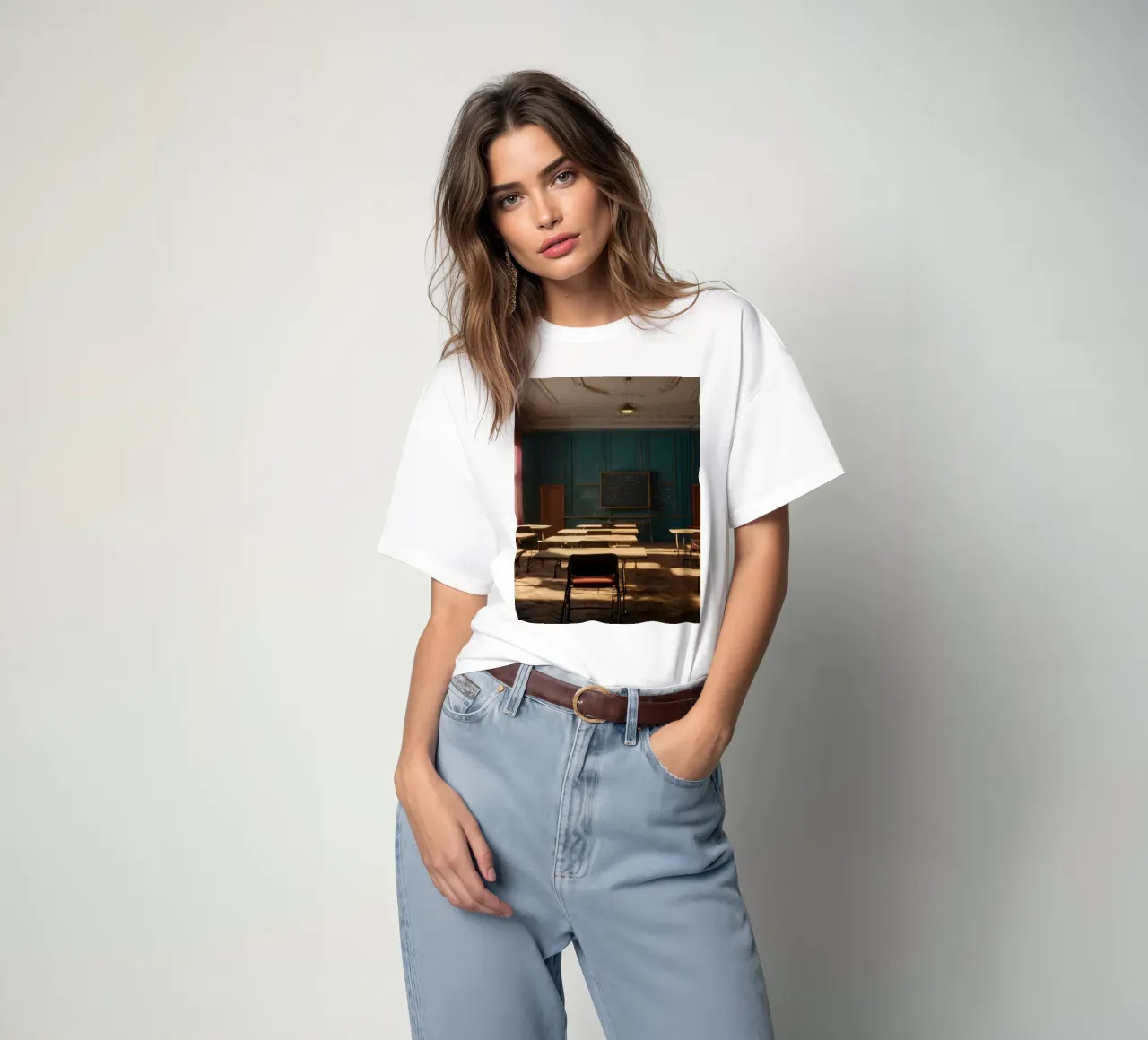 Quiet classroom with empty desks and warm afternoon light t-shirt by DesignDoodle