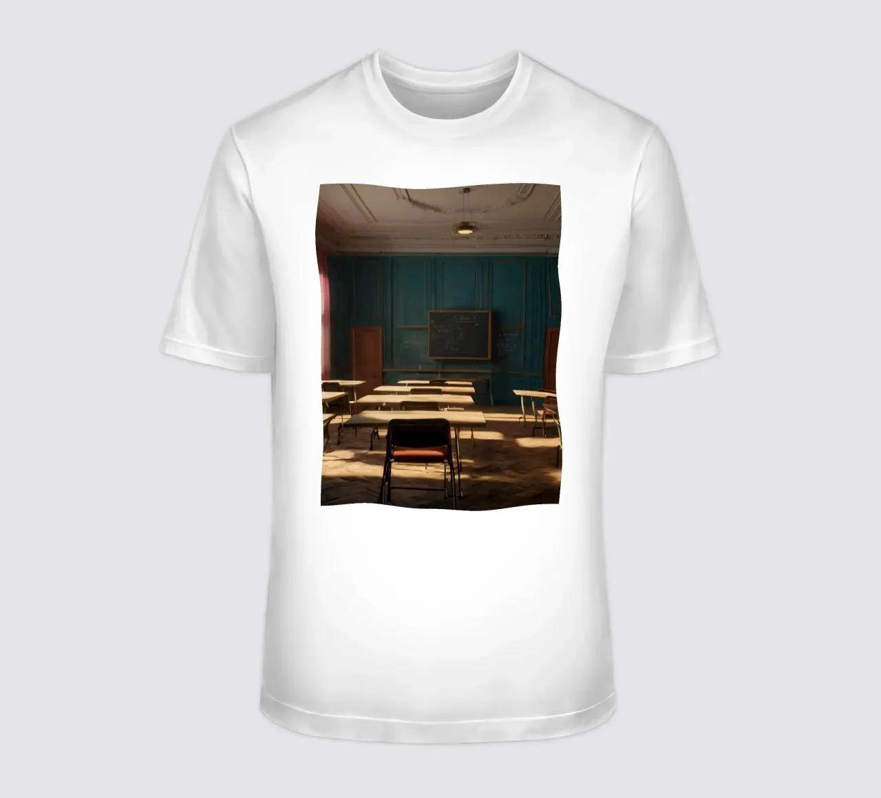 Quiet classroom with empty desks and warm afternoon light t-shirt by DesignDoodle
