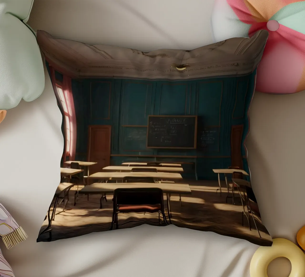 Quiet classroom with empty desks and warm afternoon light decorative cushion by DesignDoodle
