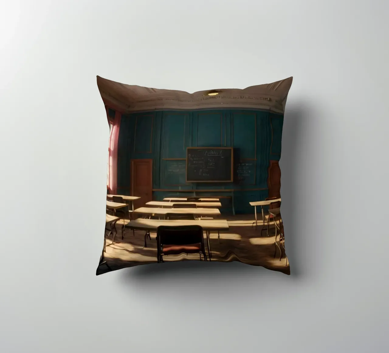 Quiet classroom with empty desks and warm afternoon light decorative cushion by DesignDoodle