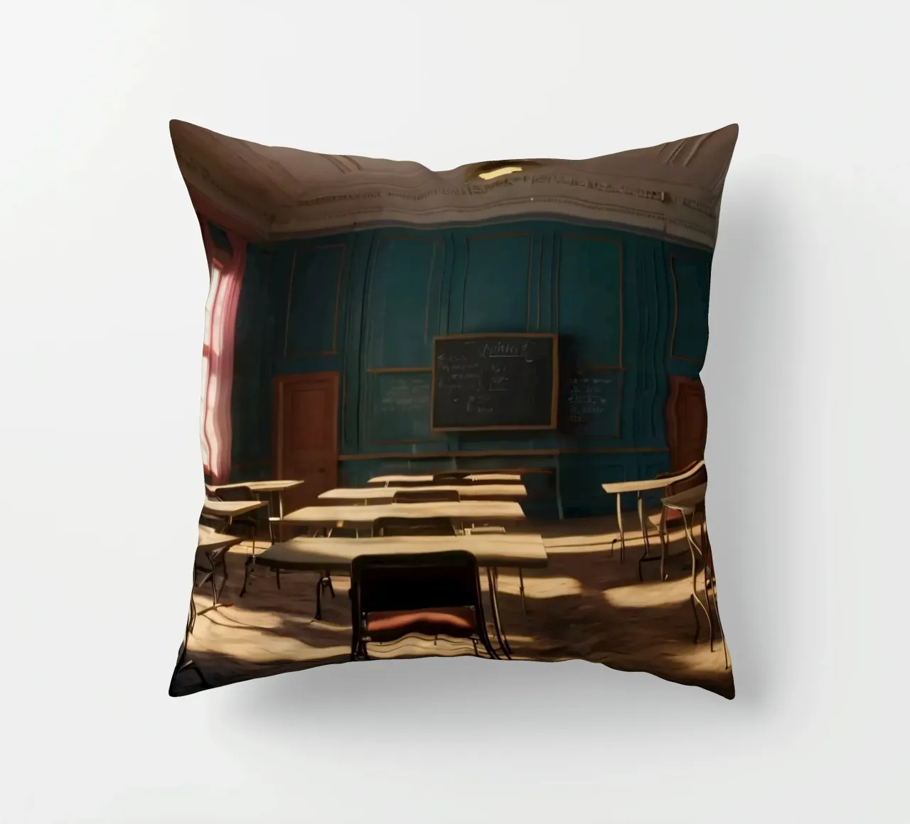 Quiet classroom with empty desks and warm afternoon light decorative cushion by DesignDoodle