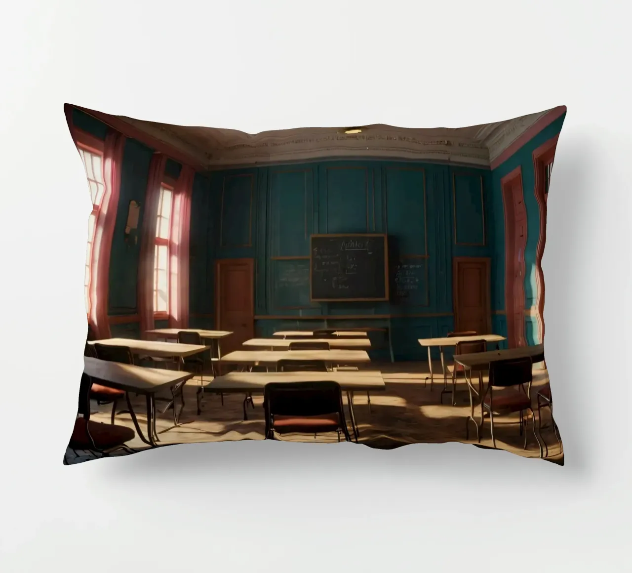 Quiet classroom with empty desks and warm afternoon light decorative cushion by DesignDoodle