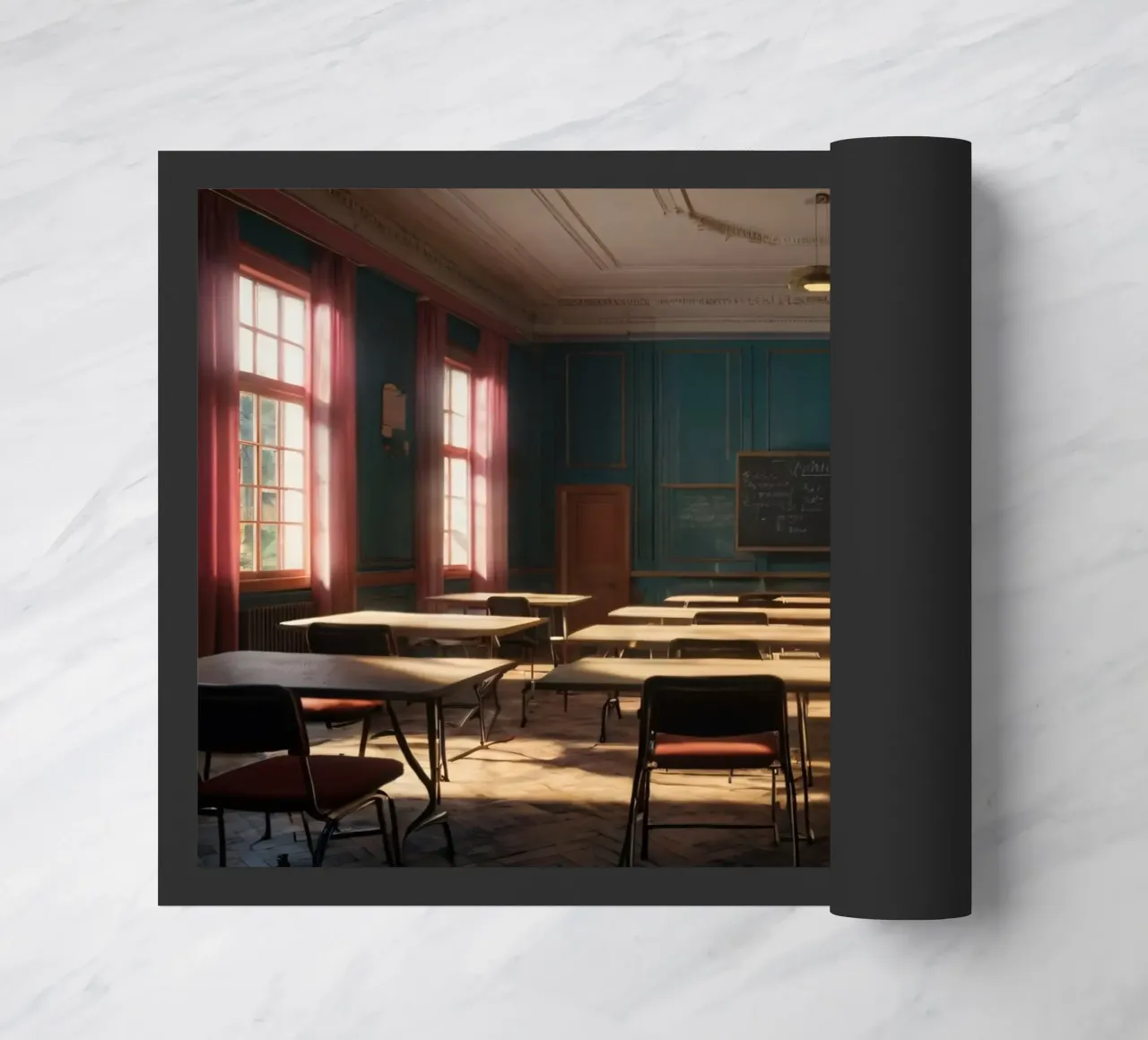 Quiet classroom with empty desks and warm afternoon light doormat by DesignDoodle