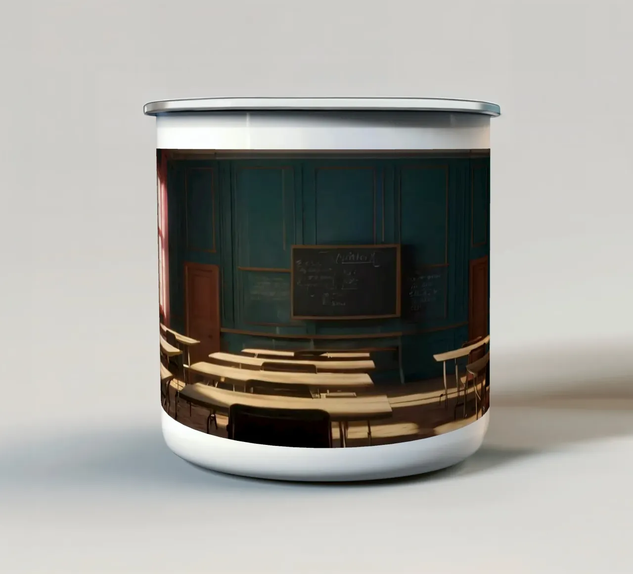 Un'aula tranquilla con i banchi vuoti e la luce calda del pomeriggio tazza in smalto da DesignDoodle