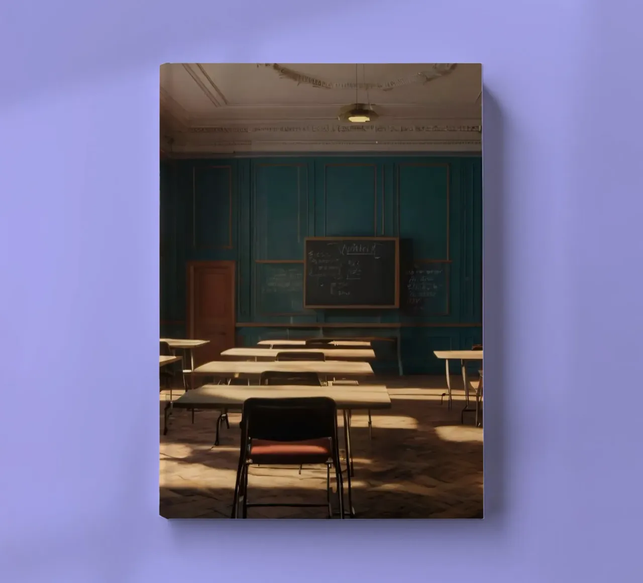Quiet classroom with empty desks and warm afternoon light notebook by DesignDoodle