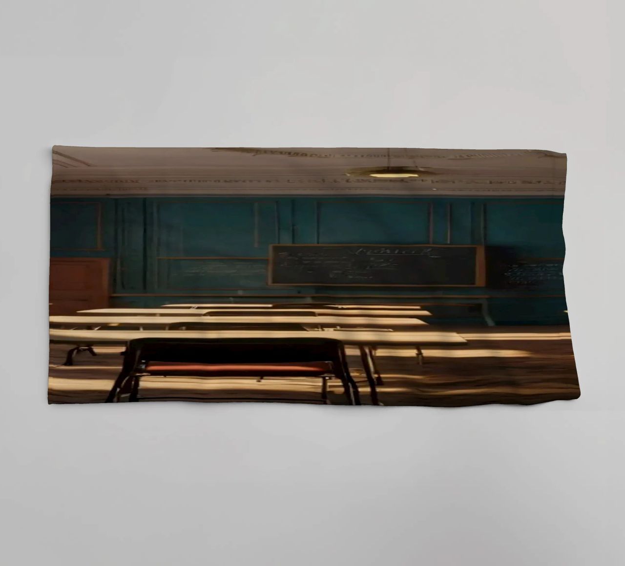 Quiet classroom with empty desks and warm afternoon light towel by DesignDoodle