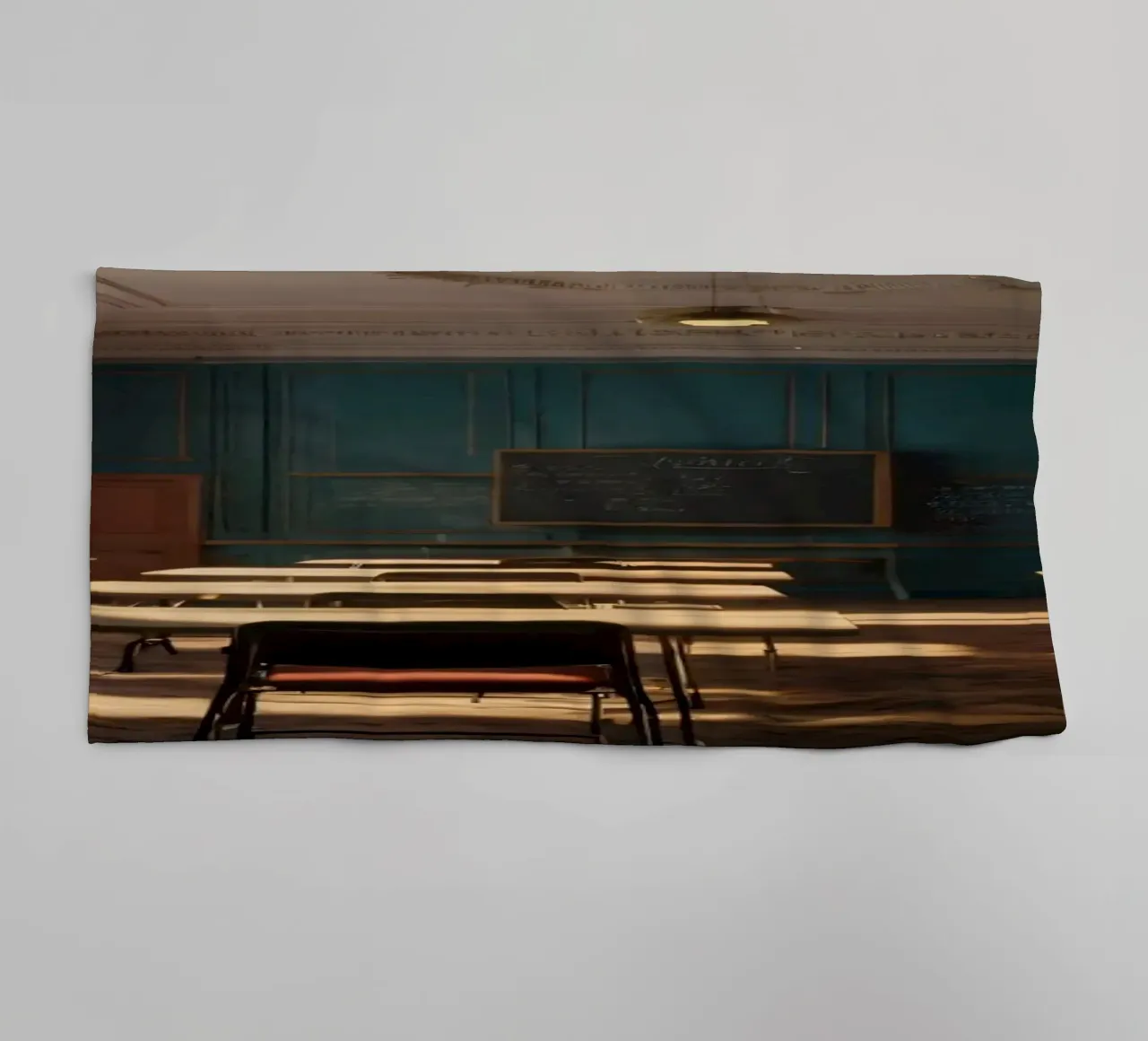 Ruhiges Klassenzimmer mit leeren Tischen und warmem Nachmittagslicht Handtuch von DesignDoodle