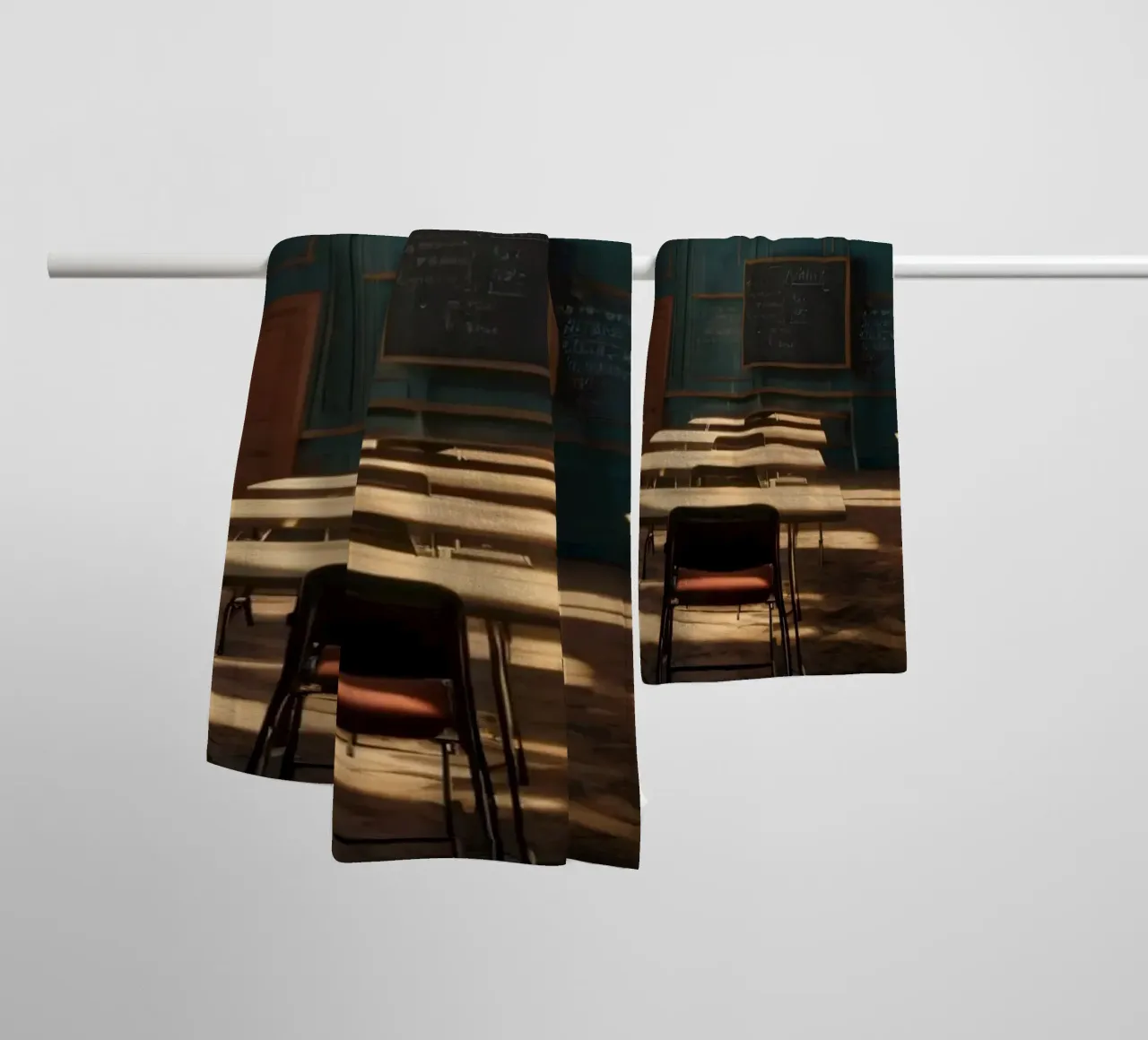 Ruhiges Klassenzimmer mit leeren Tischen und warmem Nachmittagslicht Handtuch von DesignDoodle