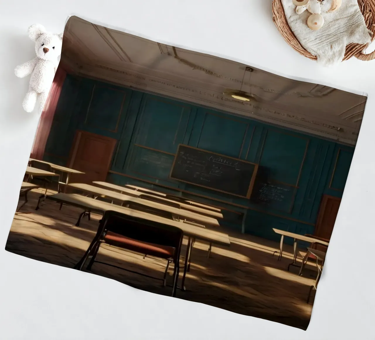Quiet classroom with empty desks and warm afternoon light fleece blanket by DesignDoodle