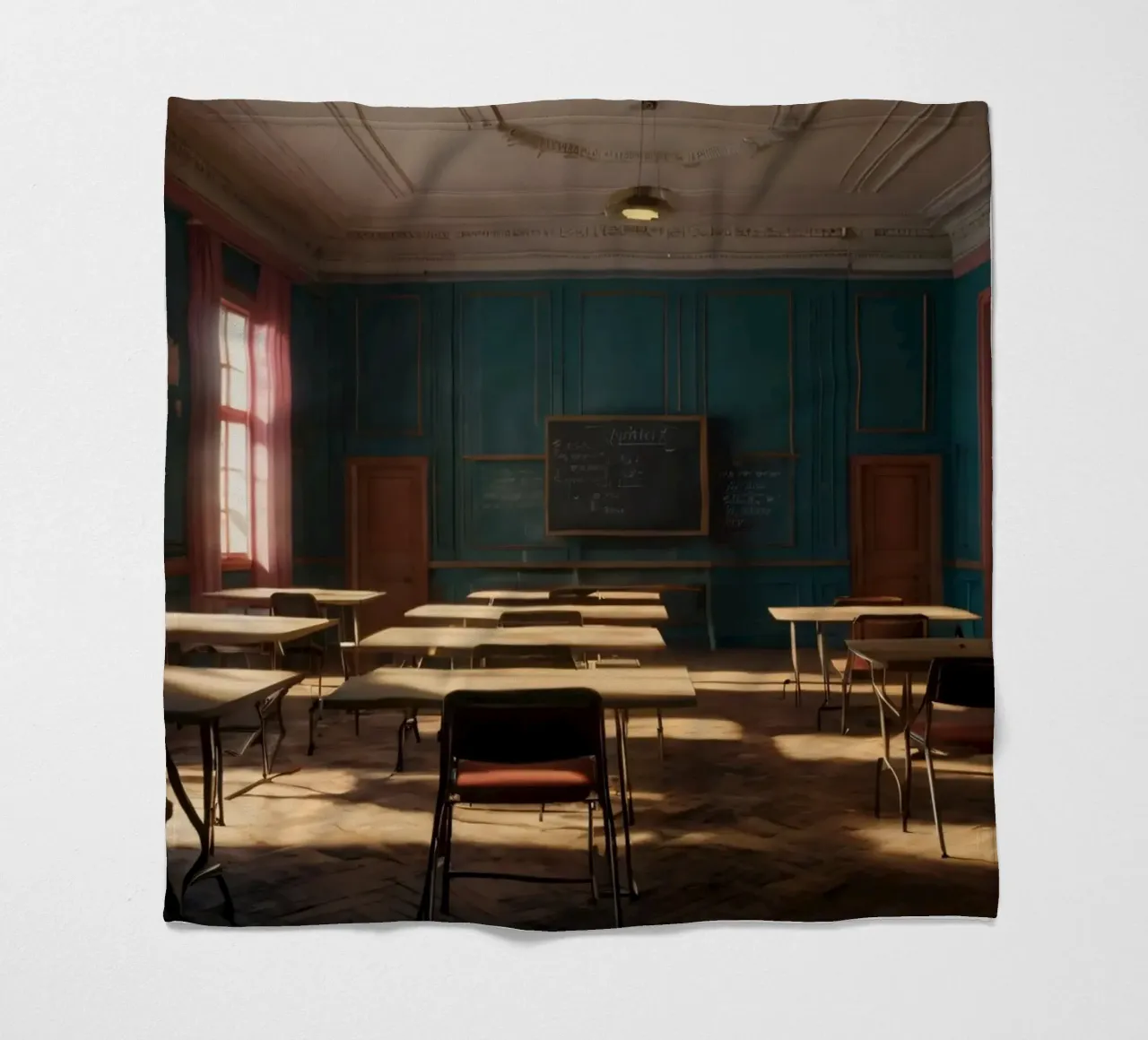 Quiet classroom with empty desks and warm afternoon light fleece blanket by DesignDoodle