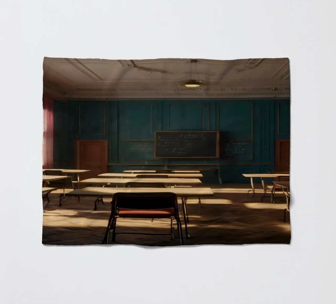 Quiet classroom with empty desks and warm afternoon light fleece blanket by DesignDoodle