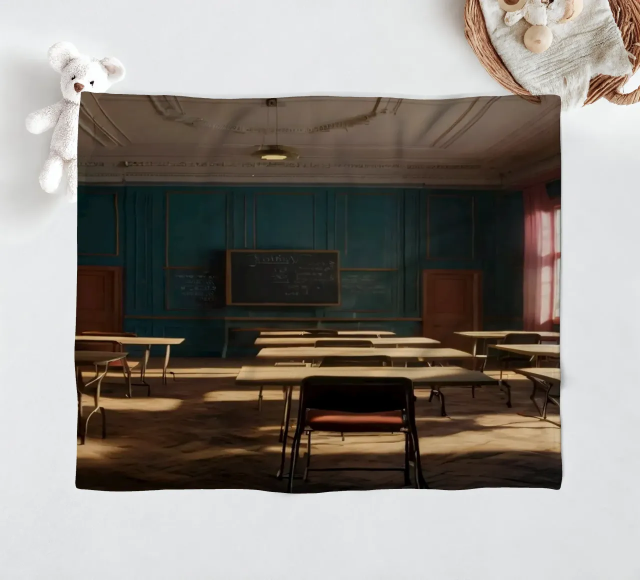 Quiet classroom with empty desks and warm afternoon light fleece blanket by DesignDoodle
