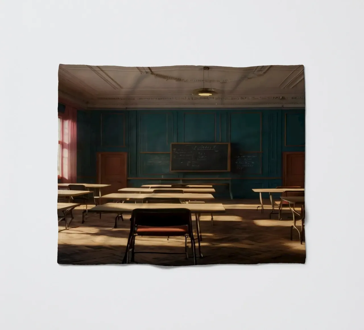 Quiet classroom with empty desks and warm afternoon light fleece blanket by DesignDoodle