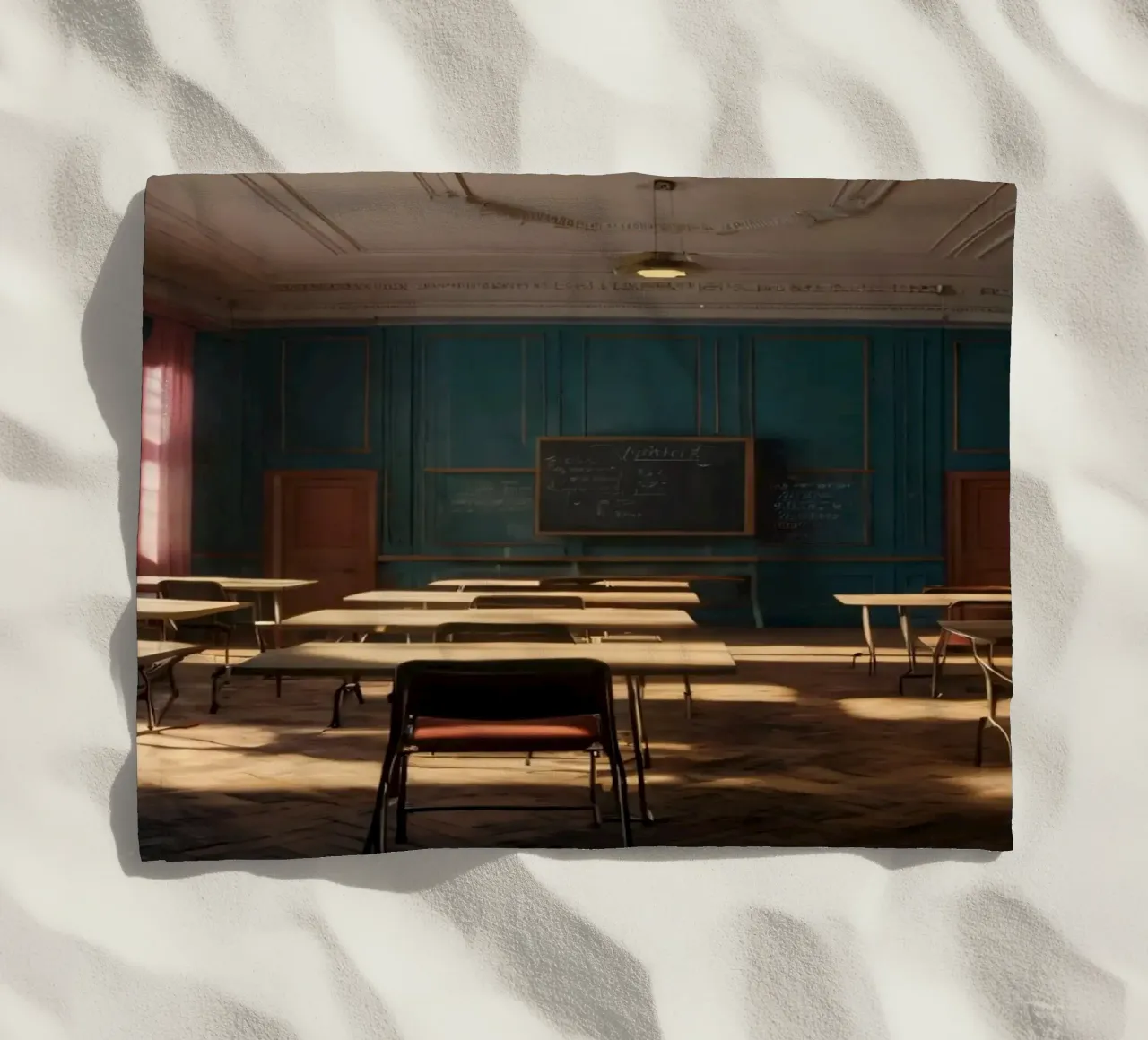 Quiet classroom with empty desks and warm afternoon light beach towel by DesignDoodle