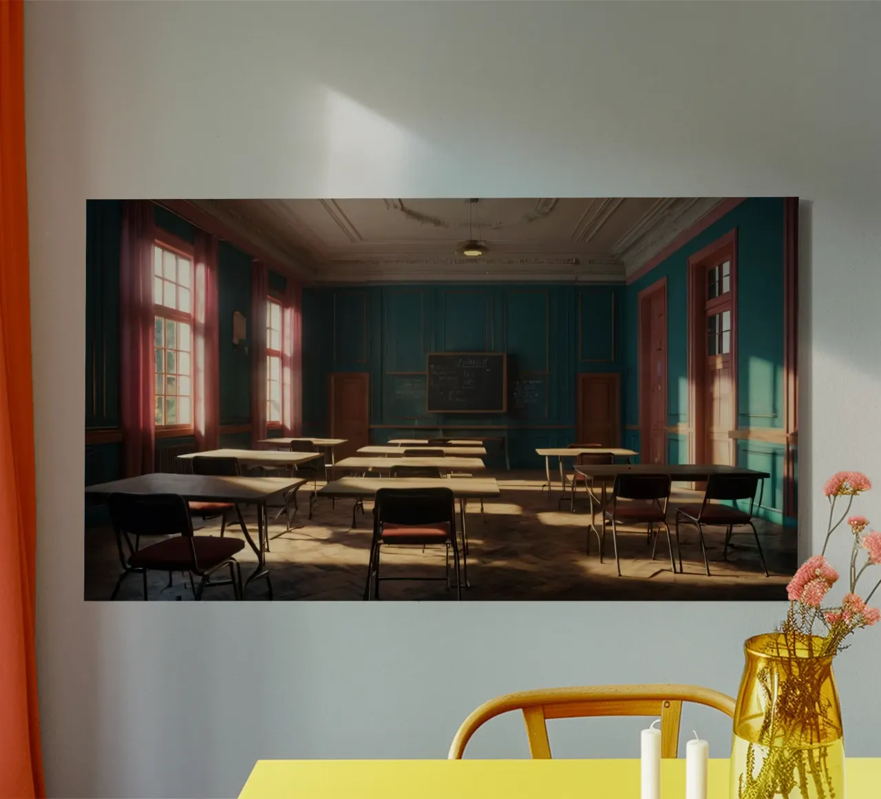 Quiet classroom with empty desks and warm afternoon light canvas by DesignDoodle