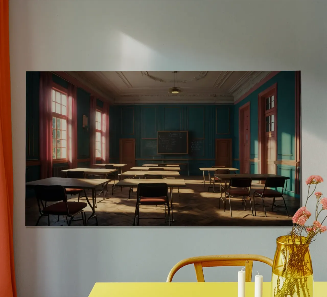 Quiet classroom with empty desks and warm afternoon light hahnemühle by DesignDoodle