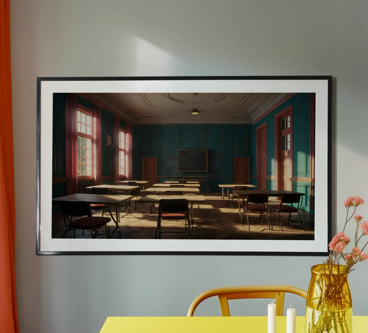 Quiet classroom with empty desks and warm afternoon light hahnemühle by DesignDoodle