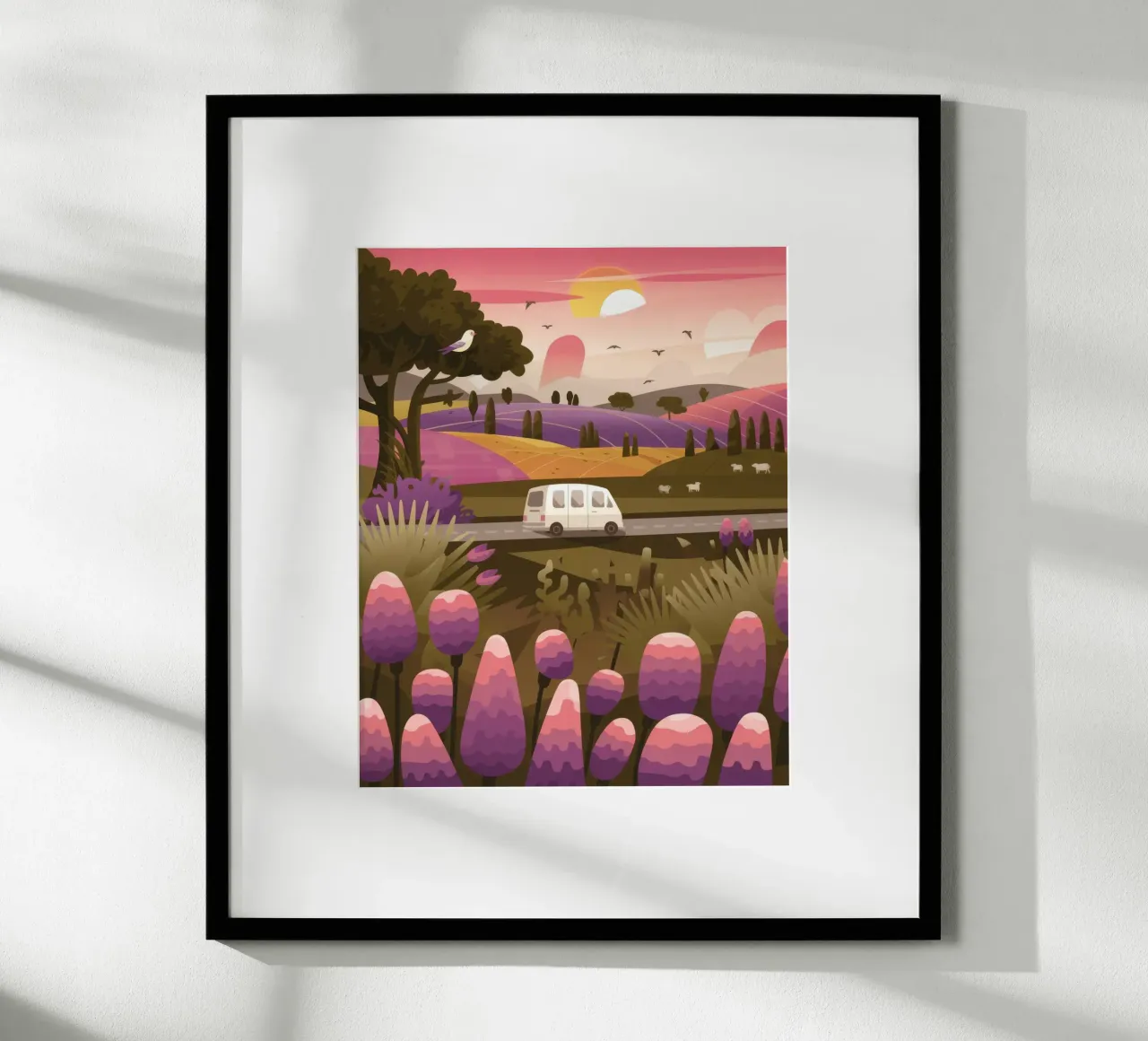 Viaggio nel prato viola poster con telaio in legno da Lumina Vision