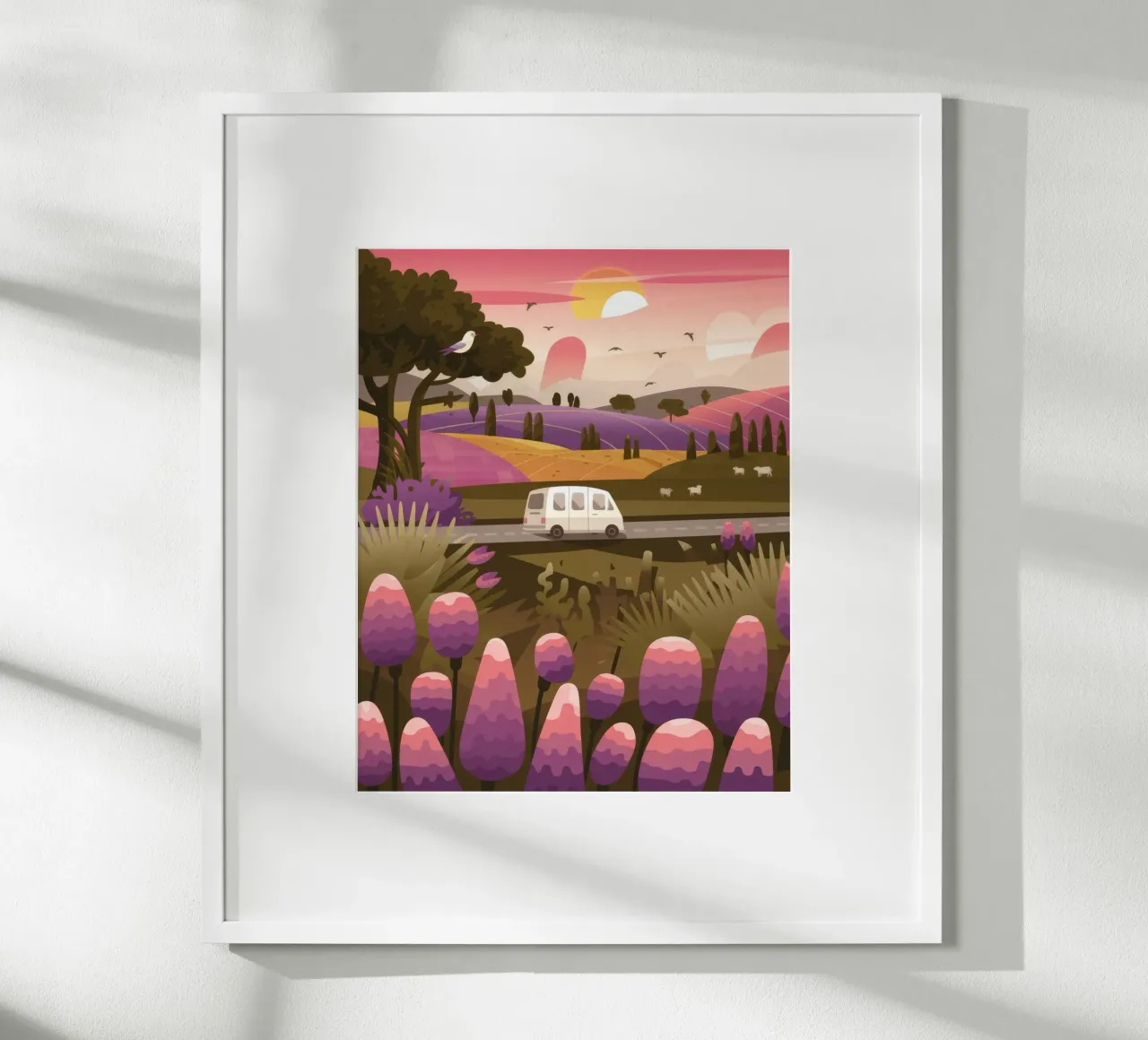 Viaggio nel prato viola poster con telaio in legno da Lumina Vision